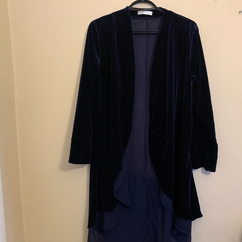 R. Vivimos: Long Blue Velvet Ruffle Blazer